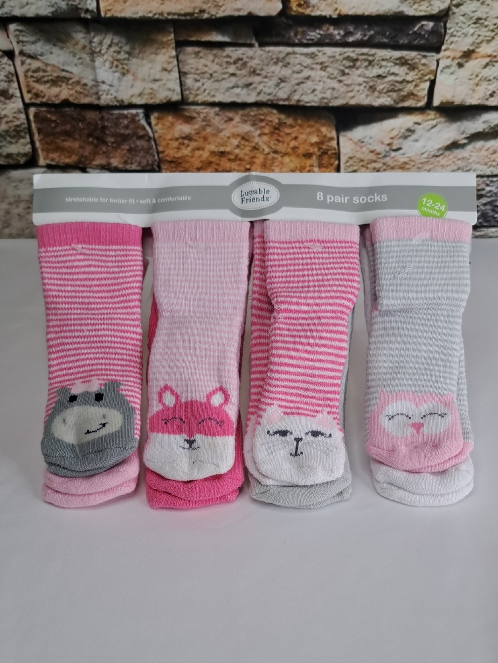 Luvable Friends Pink & Gray Baby Animal Ankle Socks - 8 Pairs